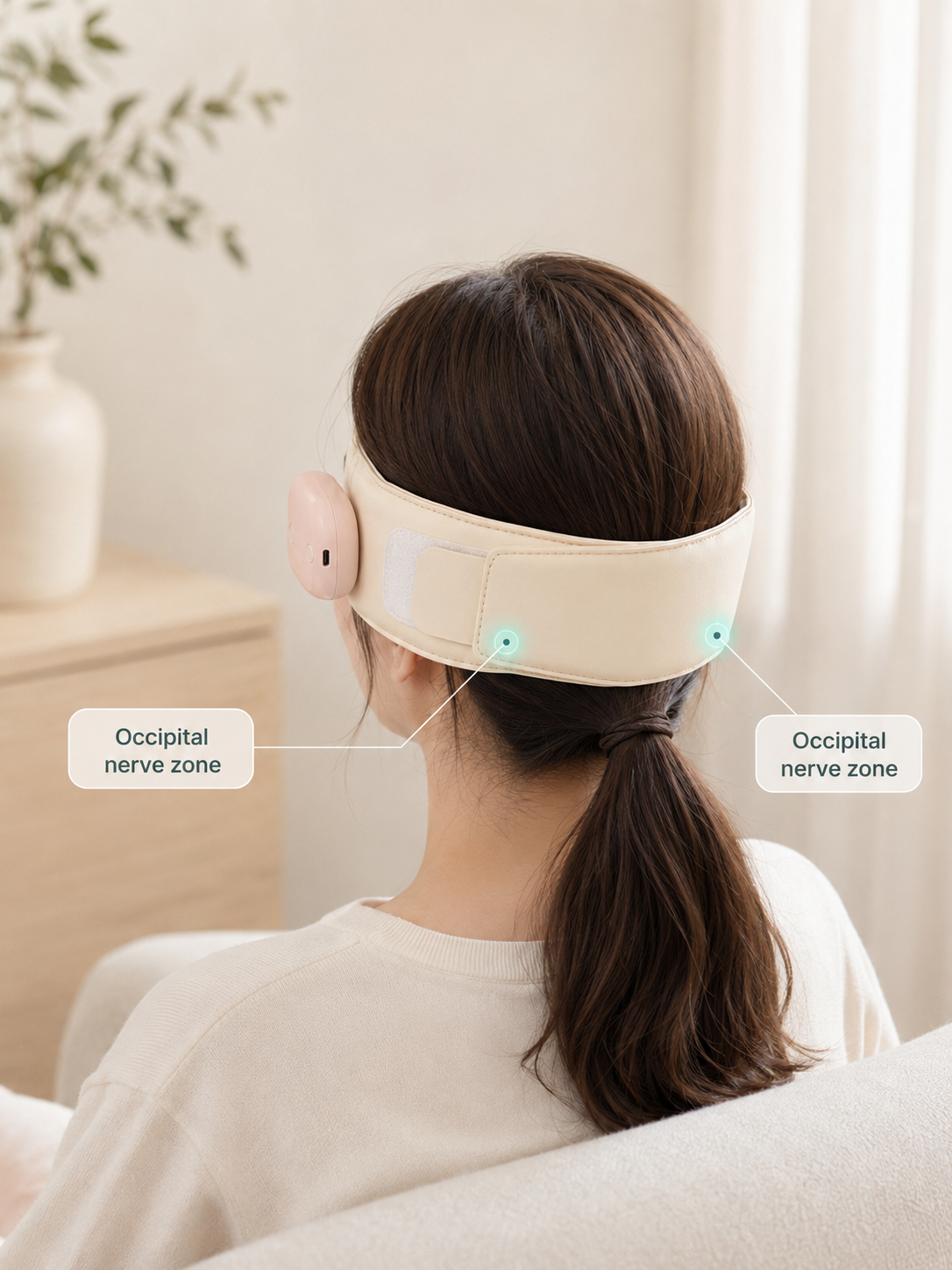 Back view of the MELT device wrapping around the skull showing occipital nerve coverage zones