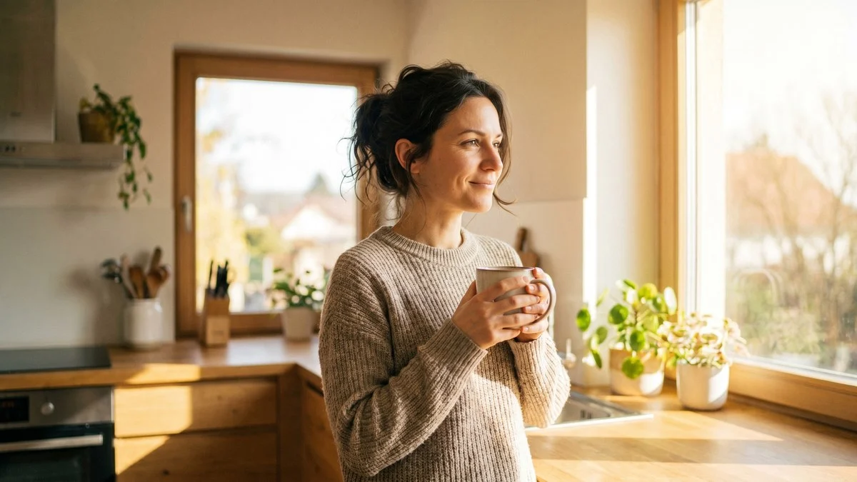Woman in a bright kitchen holding a coffee mug with a relaxed genuine smile